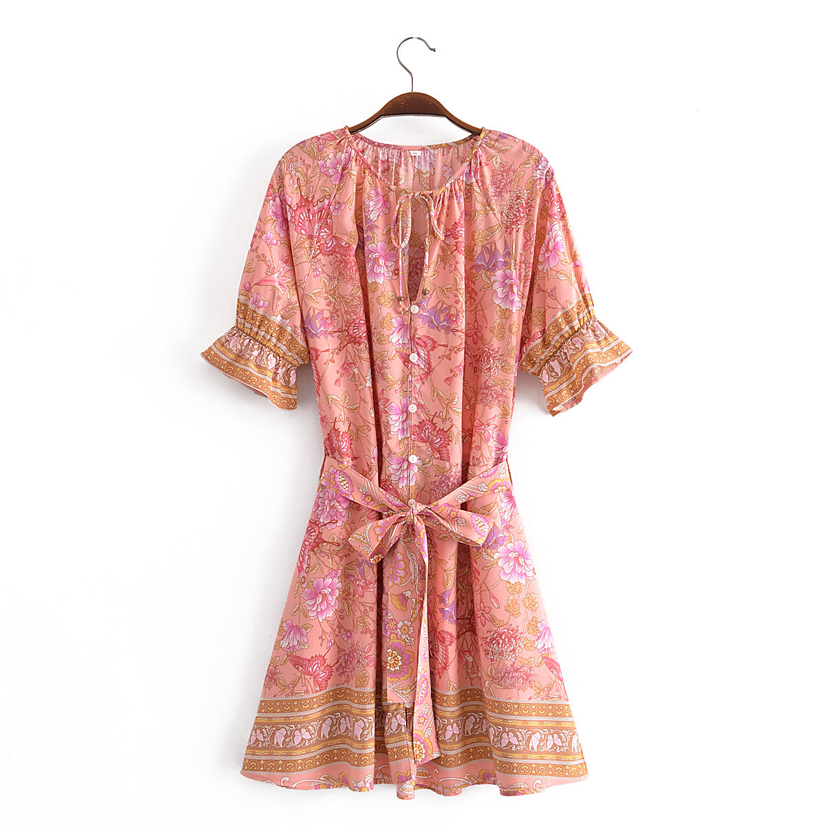 Spring Summer Rayon Positioning Floral Belt Tassel Dress