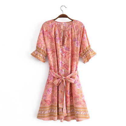 Spring Summer Rayon Positioning Floral Belt Tassel Dress