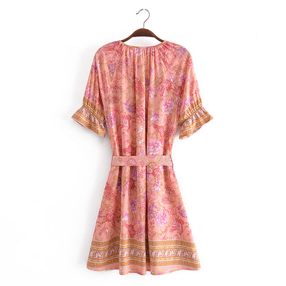 Spring Summer Rayon Positioning Floral Belt Tassel Dress