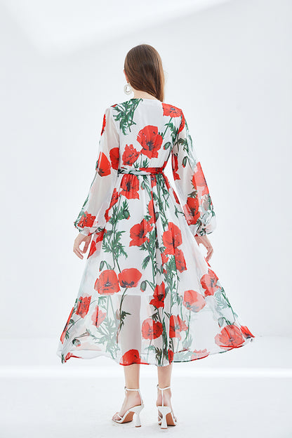 Women Spring Fall Vacation V Neck Floral Belted A Line Maxi Dress