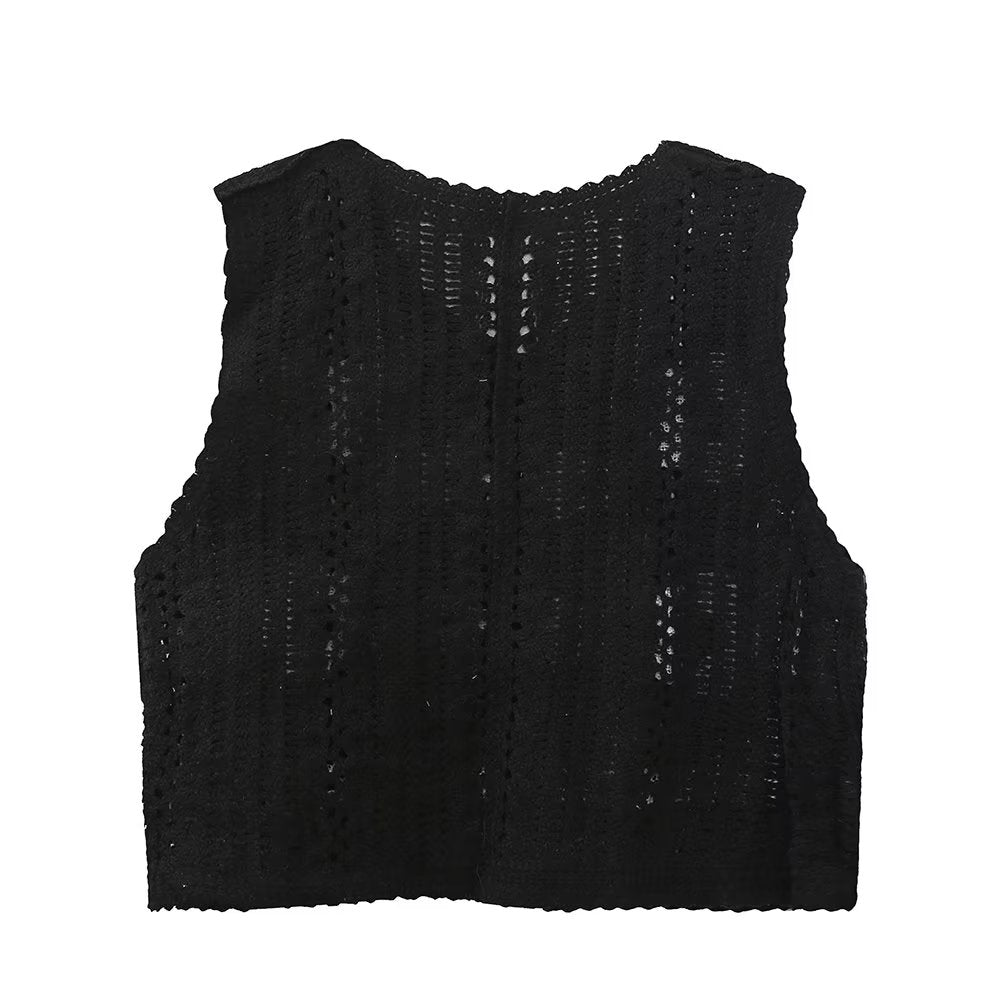 Autumn Winter Hollow Out Cutout Floral Jacquard Single Breasted Vest Women Crocheted Waistcoat Vest