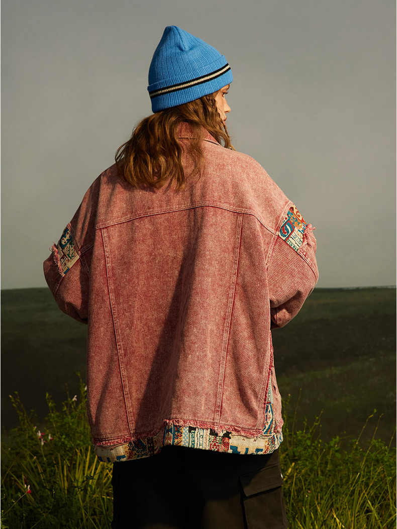 Vintage Ethnic Floral Fabric Patchwork Denim Jacket Women Trendy Brand Loose New Design