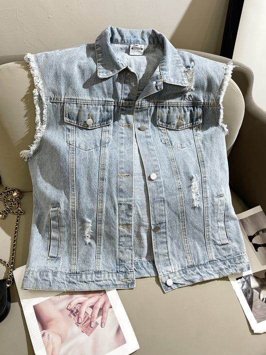 Spring Autumn New Light Blue Denim Vest Women Loose Flocked Bears Design Sense Small Coat Fashion