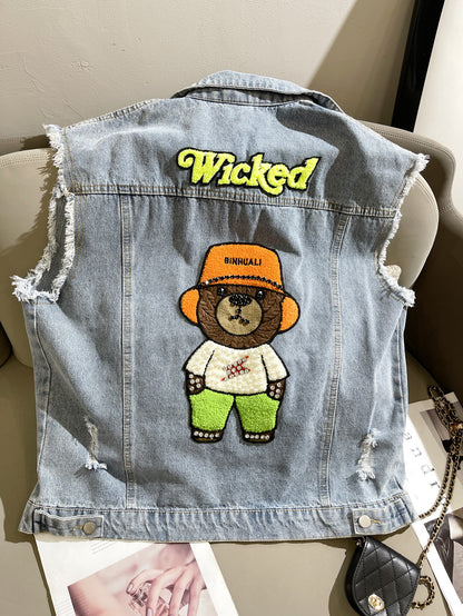 Spring Autumn New Light Blue Denim Vest Women Loose Flocked Bears Design Sense Small Coat Fashion