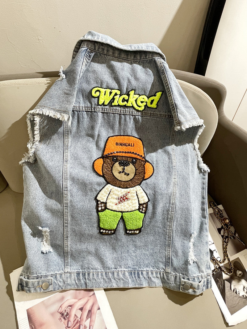 Spring Autumn New Light Blue Denim Vest Women Loose Flocked Bears Design Sense Small Coat Fashion