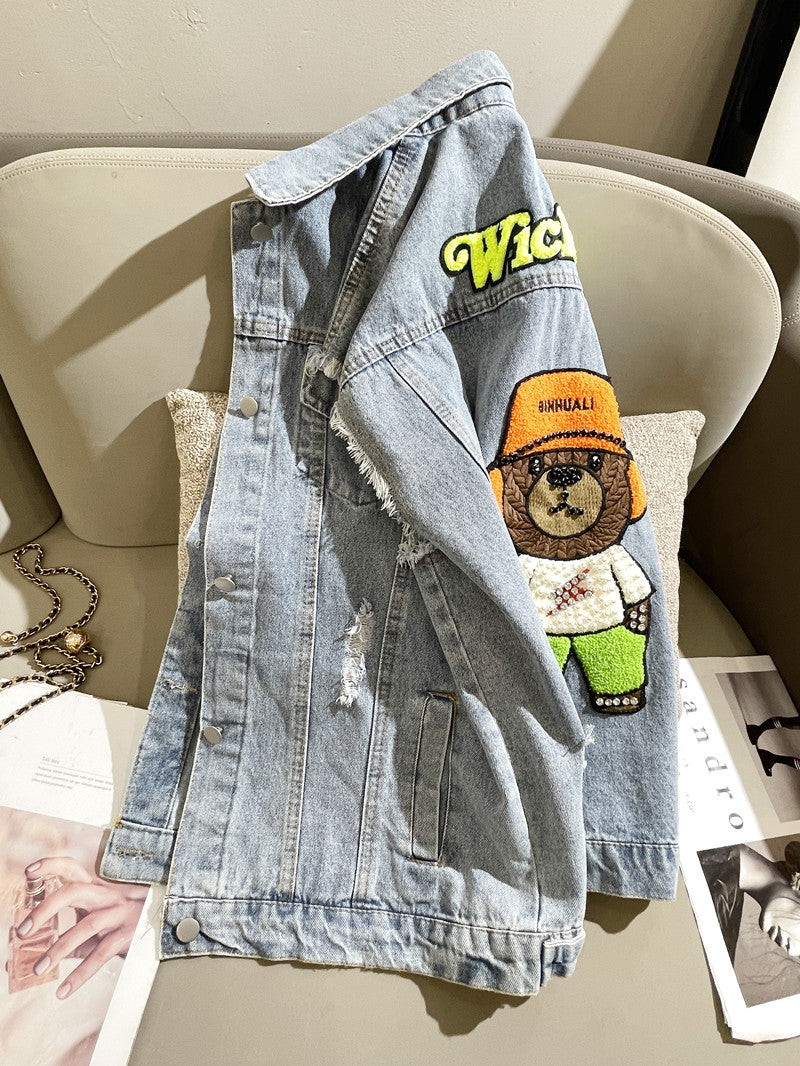 Spring Autumn New Light Blue Denim Vest Women Loose Flocked Bears Design Sense Small Coat Fashion