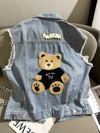 Spring Autumn New Light Blue Denim Vest Women Loose Bears Design Sense Small Coat Fashion