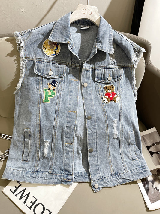 Spring Autumn New Denim Vest Women Loose Bear Design Sense Small Coat Fashion