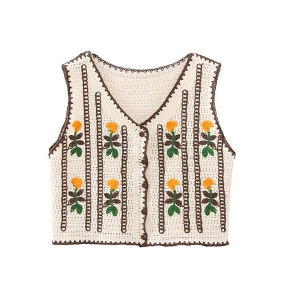 Early Autumn Women Clothing Korean Embroidered Knitted Vest Women Retro All Matching Hollow Out Cutout Out Short Coat Waistcoat