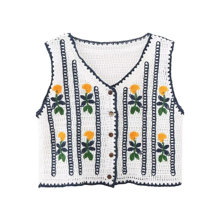 Early Autumn Women Clothing Korean Embroidered Knitted Vest Women Retro All Matching Hollow Out Cutout Out Short Coat Waistcoat