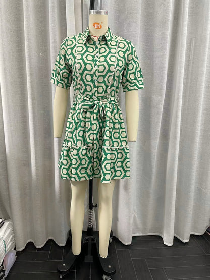 Spring Women Clothing Collared Geometric Abstract Pattern Printed Waist Controlled Long Sleeve Dress