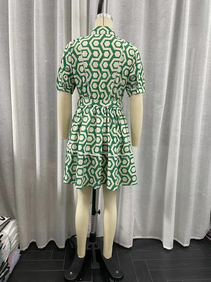Spring Women Clothing Collared Geometric Abstract Pattern Printed Waist Controlled Long Sleeve Dress