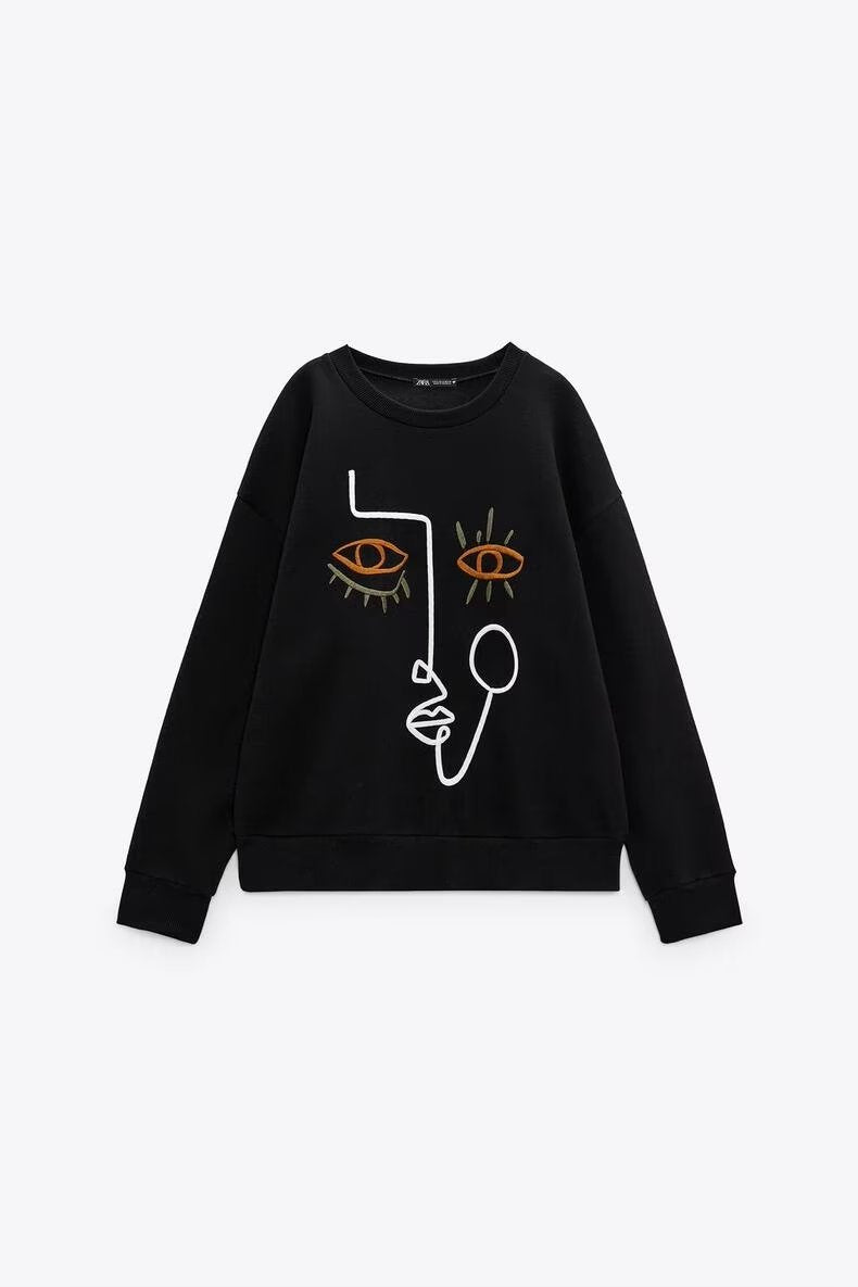 Winter Women  Clothing Black Striped Embroidery Pattern round Neck Long Sleeve Loose Casual  Sweater