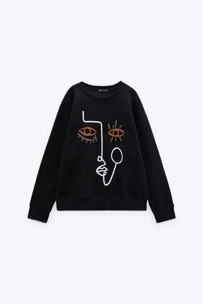 Winter Women  Clothing Black Striped Embroidery Pattern round Neck Long Sleeve Loose Casual  Sweater