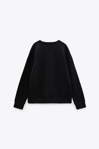 Winter Women  Clothing Black Striped Embroidery Pattern round Neck Long Sleeve Loose Casual  Sweater