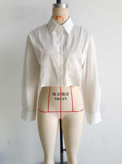 Women Collared Single Breasted Loose Hem Irregular Asymmetric Niche Sexy Shirt High Waist Short Super Cropped Small Shirt Top