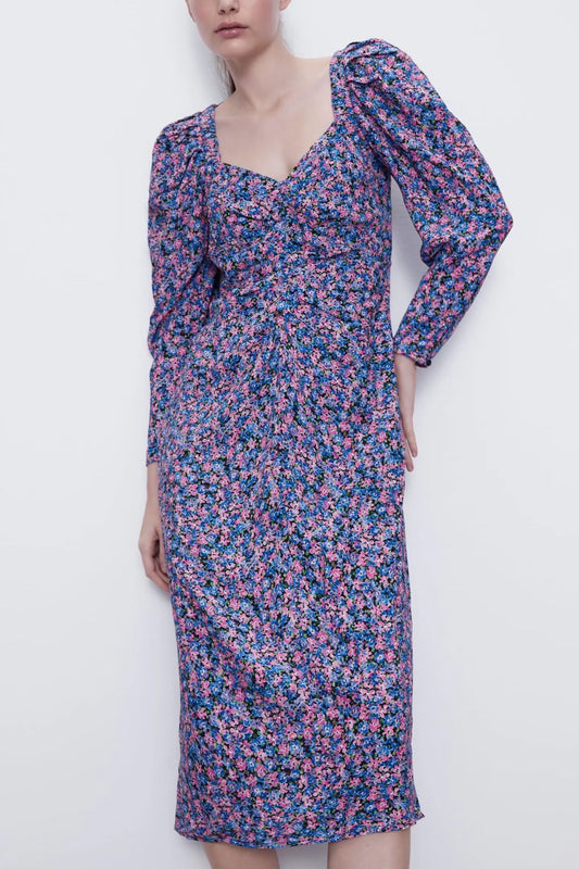 Autumn Winter Long Sleeve Collared Floral Print Dress Women  Casual Loose Maxi Dress