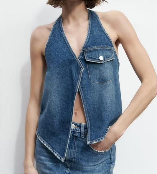 Autumn Winter Denim Vest V neck Single Breasted Short Denim Waistcoat Vest