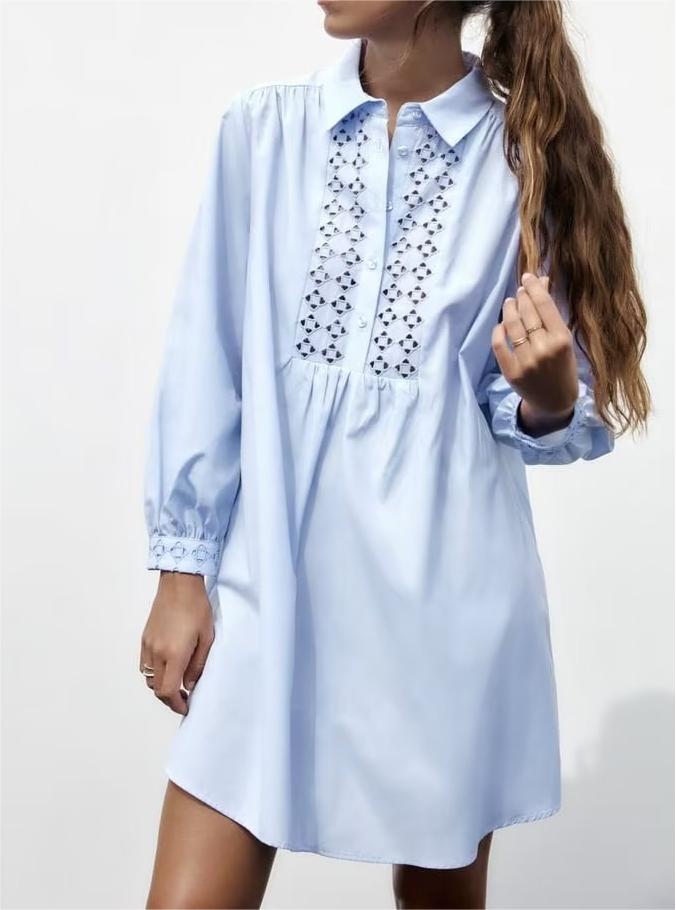 Spring Retro Loose Long Sleeve Decorated Row Button Hollow Out Cutout Embroidered Mini Dress