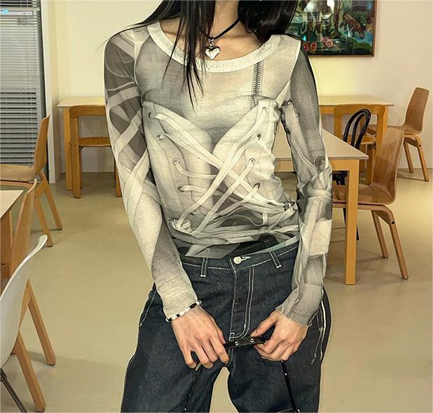 Sweet Spicy Round Neck Long Sleeve Slightly Transparent Mesh Slim Fit Stretch Printing Color Contrast Cool Top Women