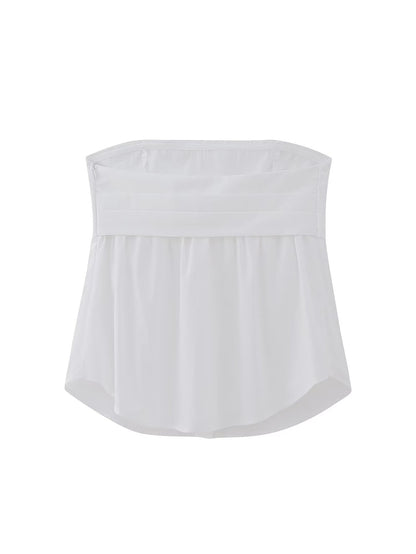 Trendy Pleated Design Tube Top Spring Inner Wear Solid Color Stretch Poplin Short Top for Women