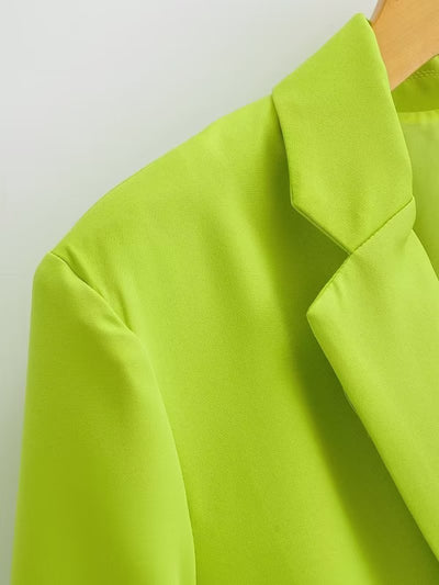Spring Autumn Women Commuting Wear Fluorescent Green Pocket One Button Blazers