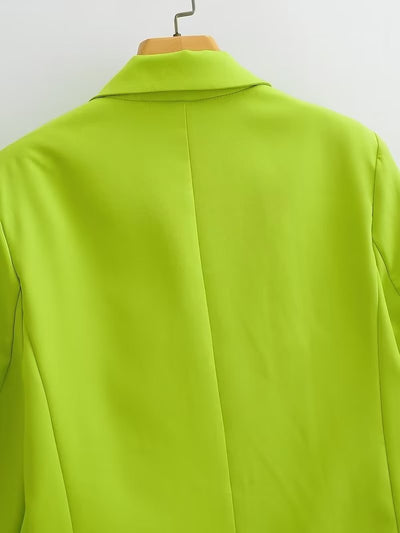 Spring Autumn Women Commuting Wear Fluorescent Green Pocket One Button Blazers