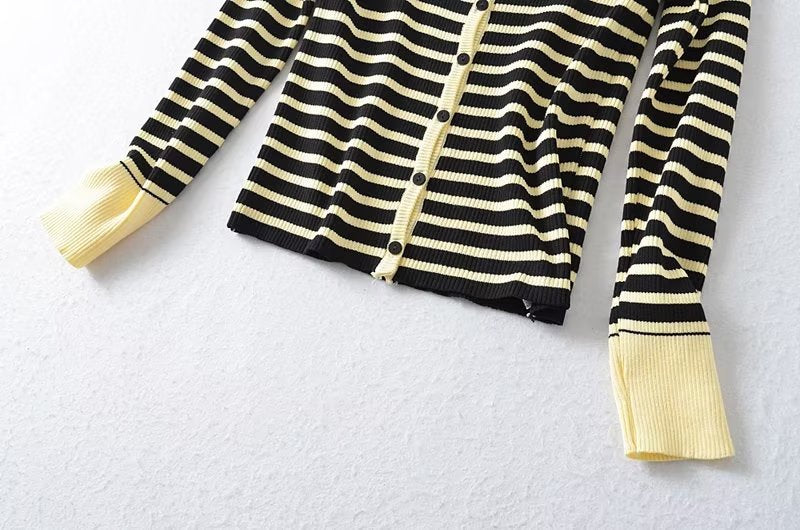 Autumn Striped Knitted Cardigan Women Slimming Sweater Coat