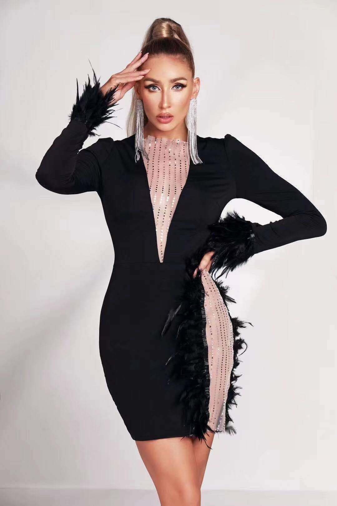 Winter Long Sleeve Mesh Sequ Feather Sexy Bandage One Piece Dress