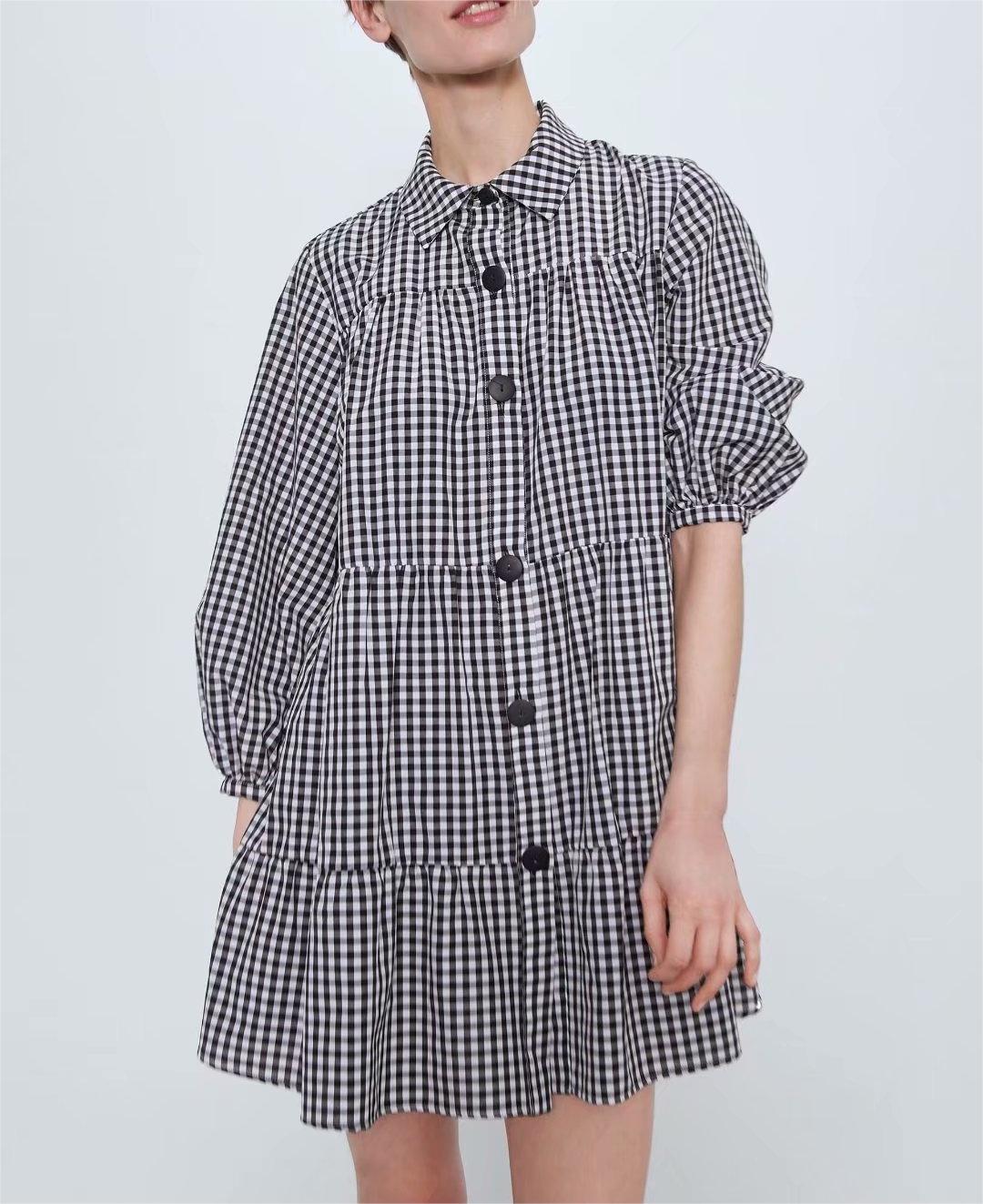 Long Sleeve Plaid Pleated Large Swing Tiered Dress