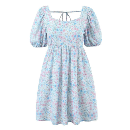 Women Pleated Loose Slimming Round Neck Puff Sleeve Floral Dress