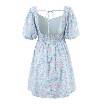 Women Pleated Loose Slimming Round Neck Puff Sleeve Floral Dress