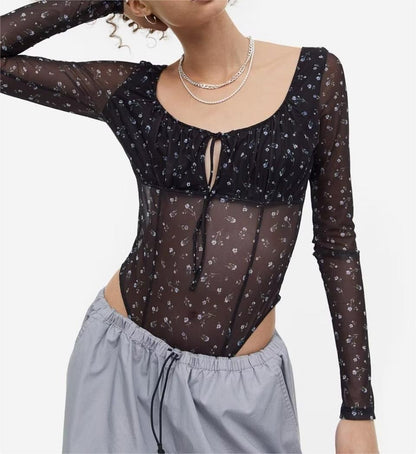 See Through Sexy Long Sleeve Base Bodysuit Women