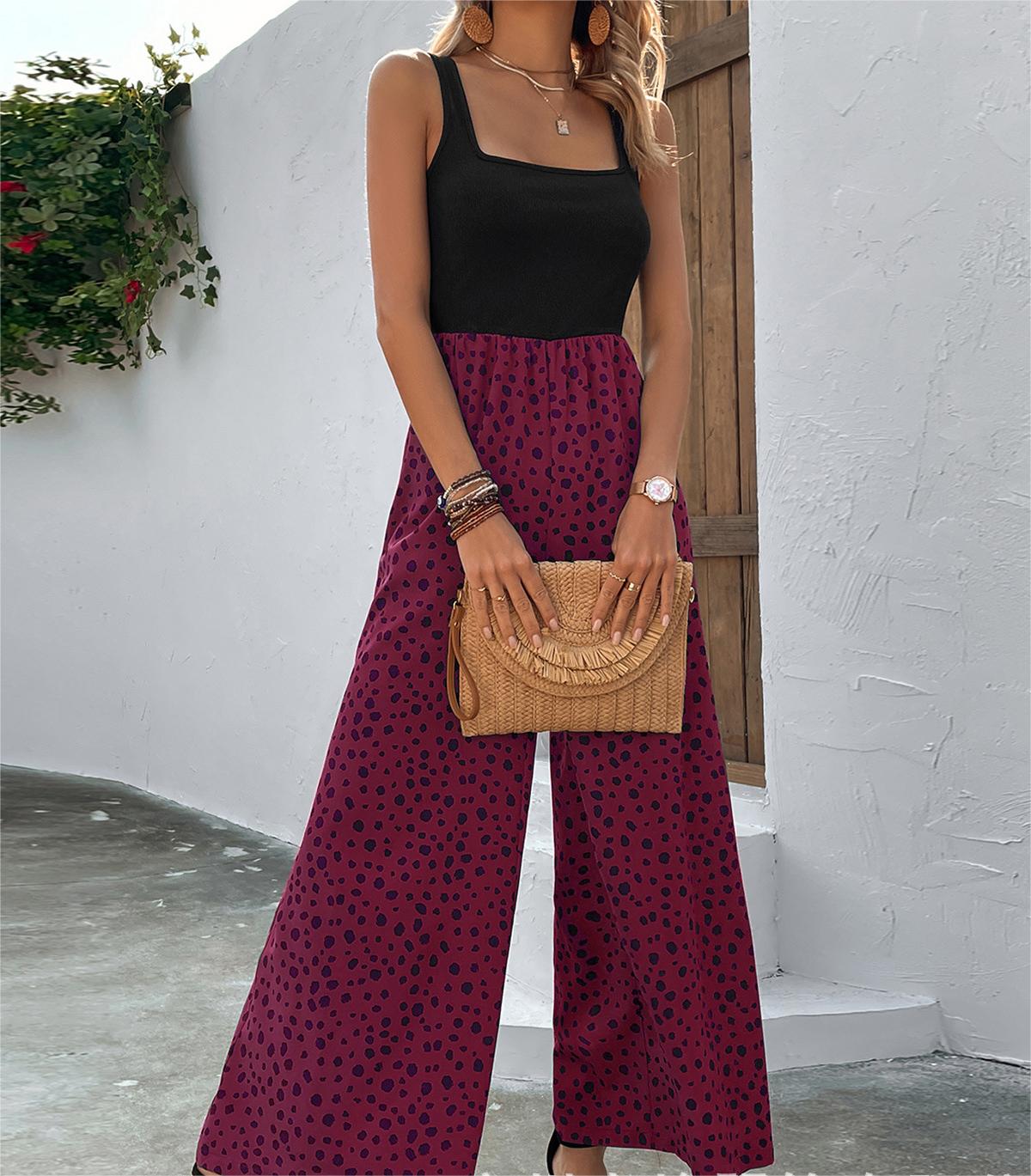 Women Clothing Printed Vest Jumpsuit Long Waist Slimming Wide Leg Pants