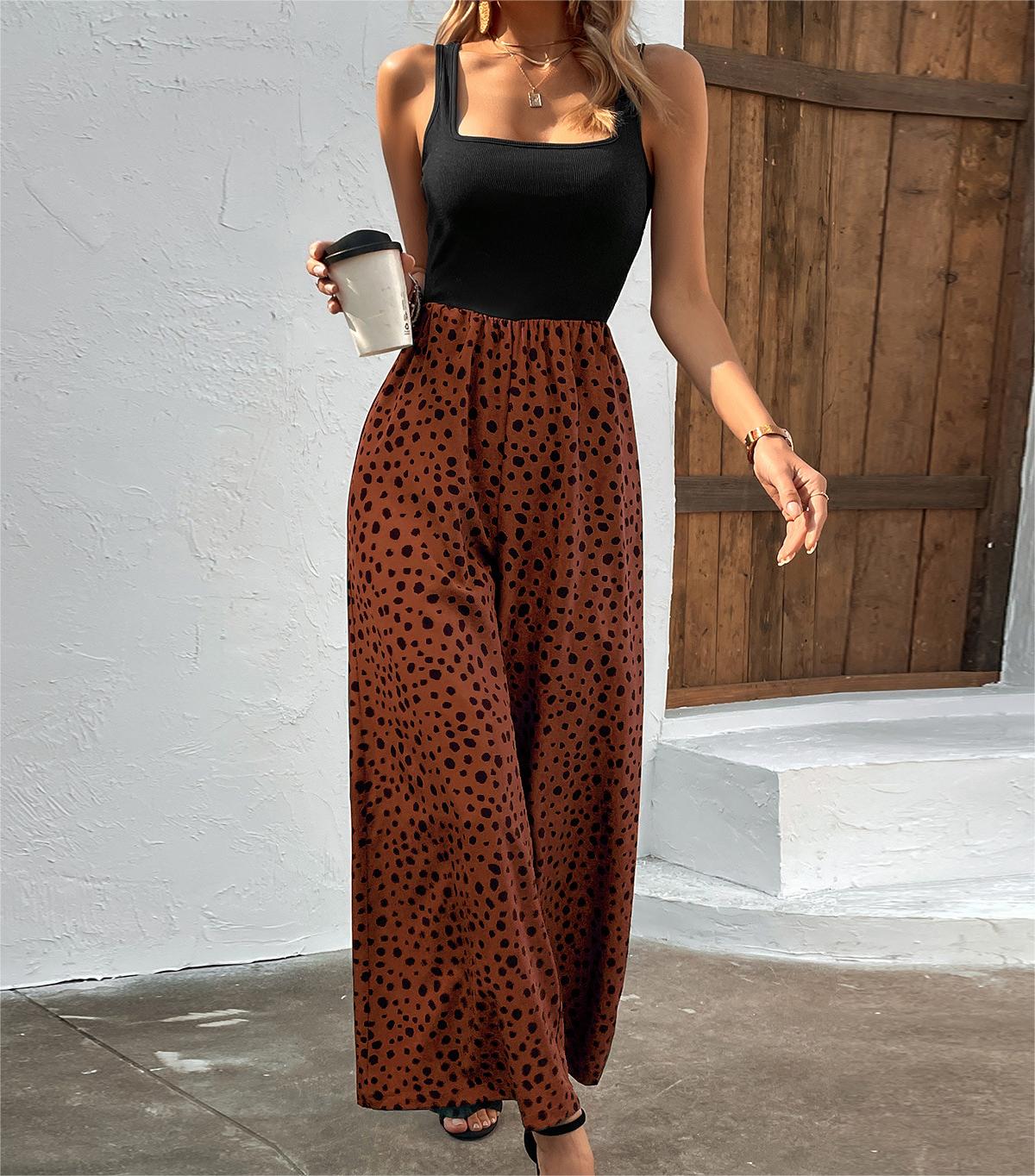 Women Clothing Printed Vest Jumpsuit Long Waist Slimming Wide Leg Pants