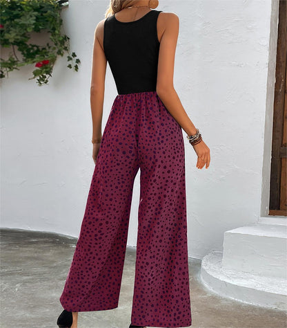 Women Clothing Printed Vest Jumpsuit Long Waist Slimming Wide Leg Pants