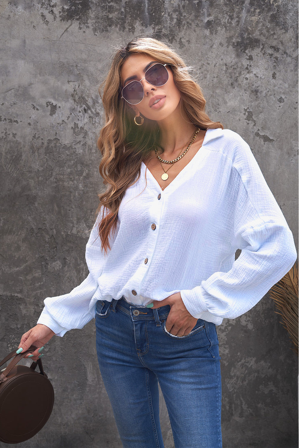 Polo Collar V neck Pleated Cuff Women Shirt Solid Color Women Clothing