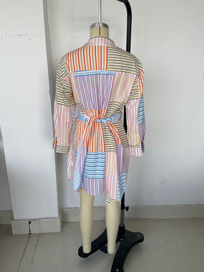 Summer Women Striped Printed Long Sleeves Loose Shirt Dress