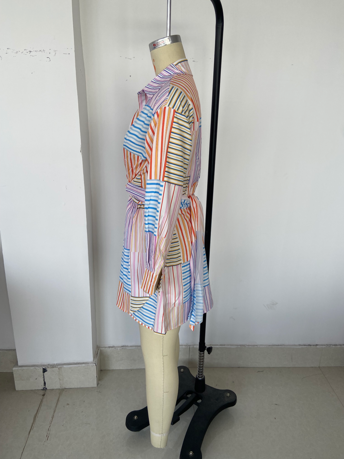 Summer Women Striped Printed Long Sleeves Loose Shirt Dress