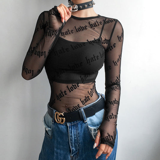 Mesh Hollow Out Letter Graphic Printed T shirt Women Bottoming Blouse