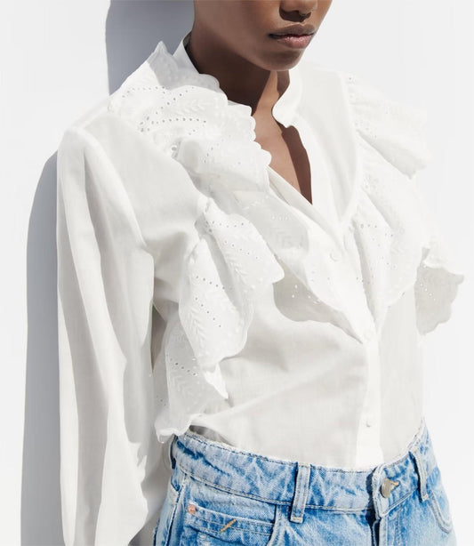 Summer Women White Ruffled Laminated Decoration Shirt Top