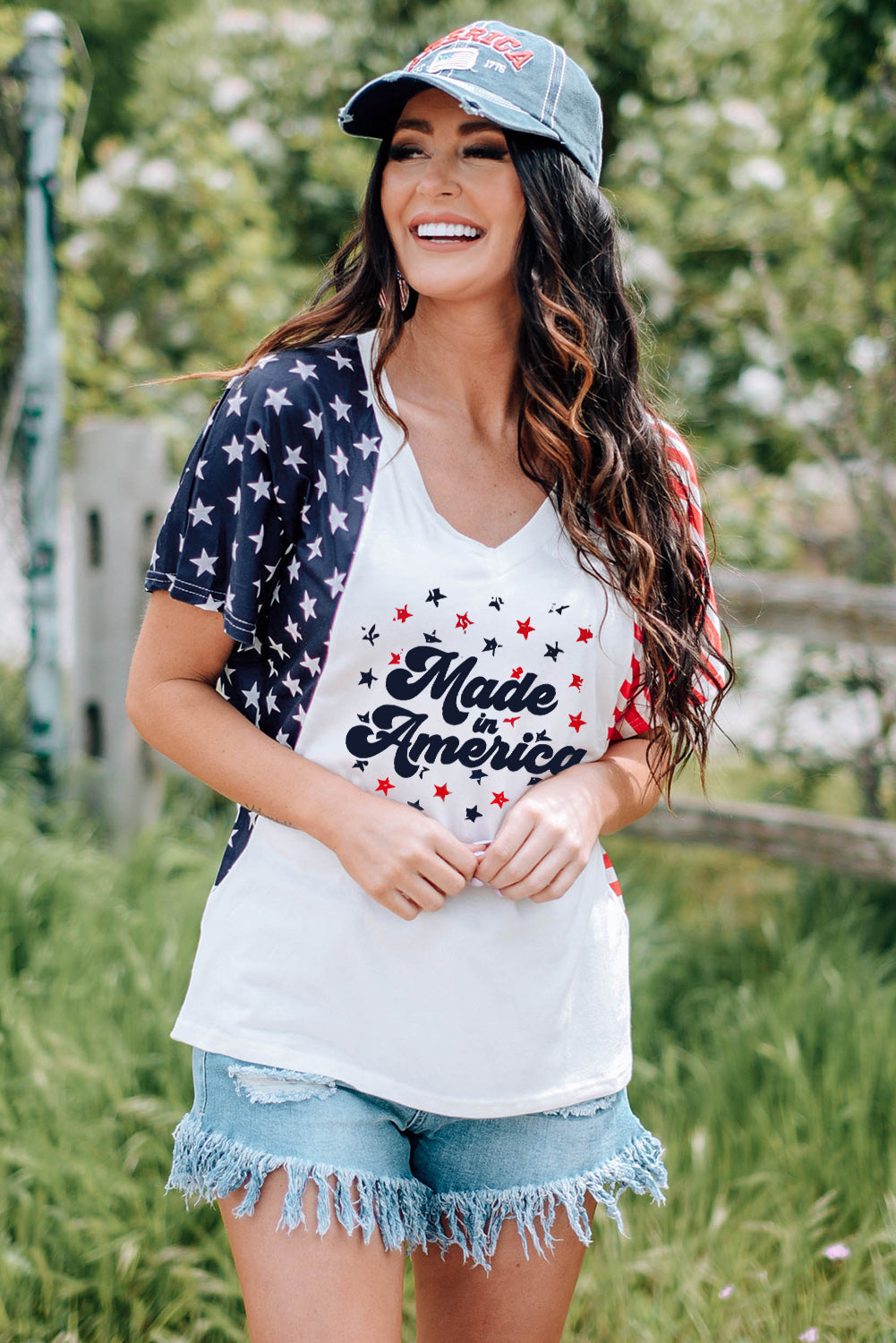 White Made America Stars and Stripes Raglan Sleeve T Shirt