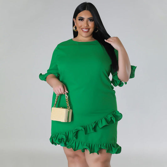 Plus Size Women Clothes Slim round Neck Solid Color Ruffles Casual Dress