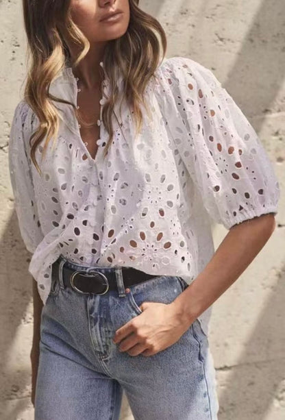Summer Women Long Sleeve Hollow Out Cutout Embroidered White Shirt