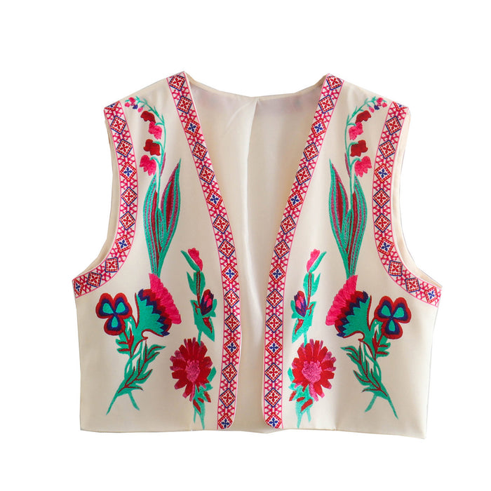 Floral Embroidery Vest Contrast Color Top Spring Retro Short Sleeveless