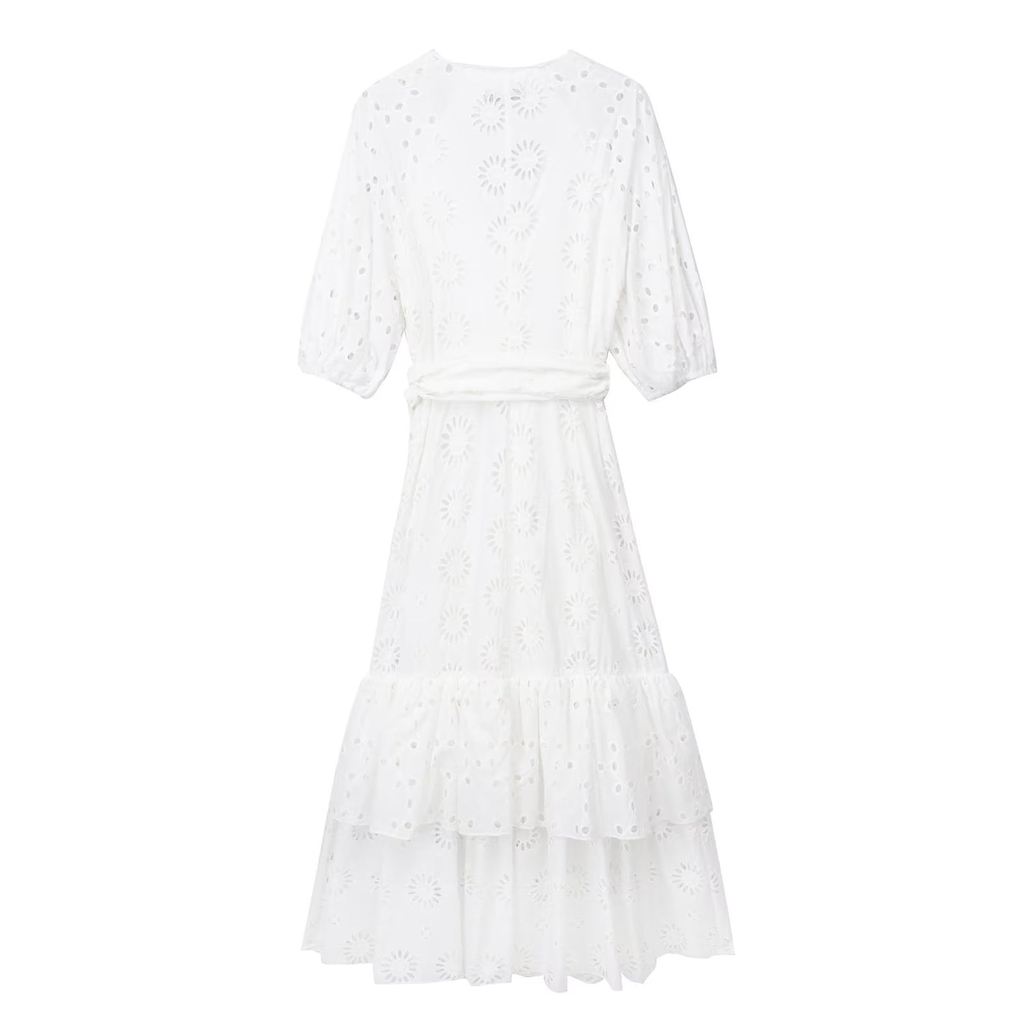 Summer Women V Neck Puff Sleeves Large Swing Dress With Belt Hollow Out Cutout Embroidered Dress