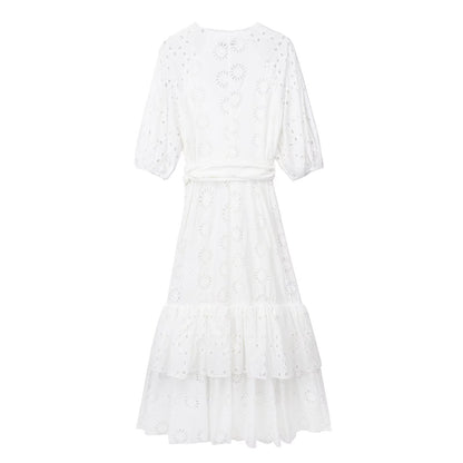 Summer Women V Neck Puff Sleeves Large Swing Dress With Belt Hollow Out Cutout Embroidered Dress