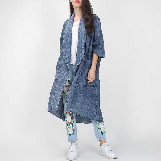 Autumn Winter Loose Lapels Half Sleeve Irregular Asymmetric Hem Long Denim Trench Coat Coat for Women