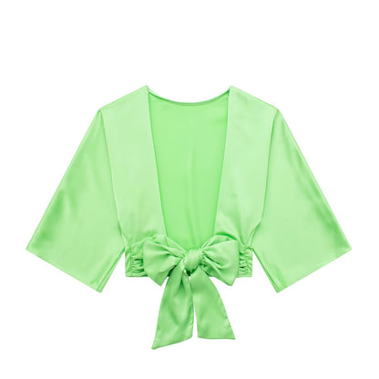 Summer Wind Women Bowknot Decoration Silk Satin Textured Shirt Set