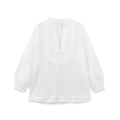 Spring Long Loose Casual Chest Embossed Lace Decorative Shirt